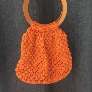70s honeycomb knit macrame wood handle bag crochet